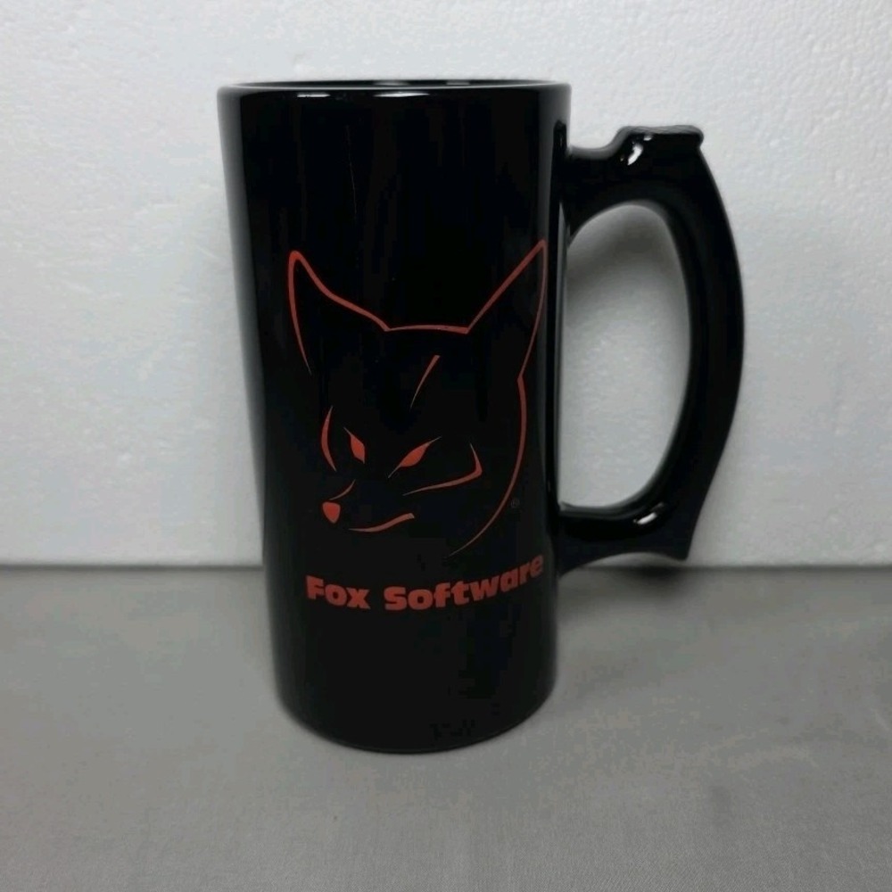 Vintage 1980s Fox Software Coffee Mug Black with Red Fox Logo